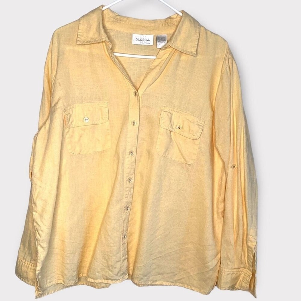 VTG Studio Works Yellow Button Up Long Sleeve Shirt Women 1X China 100% Linen